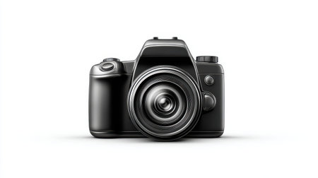 Bold black camera outline with simple shutter button detail, isolated on white for easy editingの素材