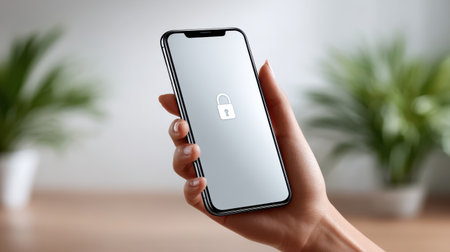 Log out icon displayed on a clean white smartphone screen held by a user, focusing on digital privacy and security.の素材