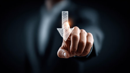Recession arrow on a touchscreen held by a businessperson, pointing down with digital interfaceの素材