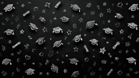 Blackboard with white doodles of graduation caps, stars, numbers, and formulas for school celebration themesの素材