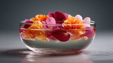 Assorted flower petals floating in a clear bowl of water, creating a tranquil and colorful sceneの素材