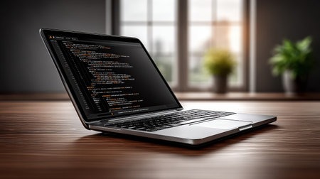 Close-up of laptop PC screen showing code editor, representing software development or programmingの素材