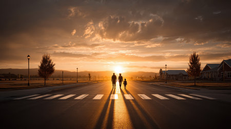 Parents walking their kids across a school crosswalk during drop-off time, early morning lightの素材