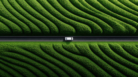 Overhead drone view of ambulance driving on a highway surrounded by green fields, fast emergency responseの素材