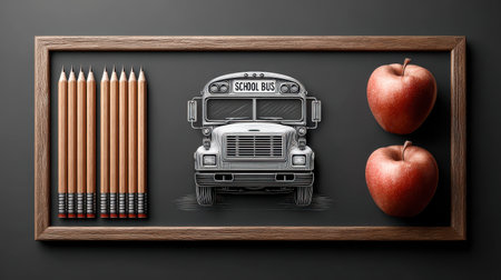 Back-to-school themed chalkboard with hand-drawn doodles of a school bus, apple, and pencilsの素材