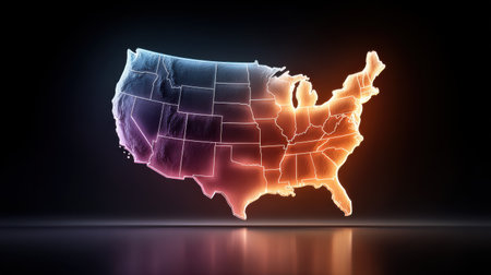 US map with major cities highlighted in glowing neon colors on a dark background, modern styleの素材
