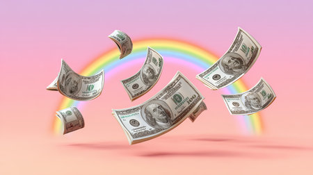 Play money bills flying in the air over a colorful background, representing fun and imaginationの素材