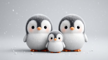 Cute 3D penguin family standing together under falling snow, perfect for holiday or winter greeting cardの素材