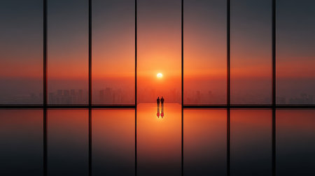 Silhouettes of business people seen through large office windows in a skyscraper during sunsetの素材
