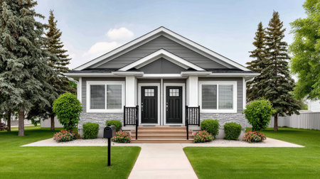 Side view of a duplex house with individual entrances, lawn and mailbox in front, space for real estate info.の素材