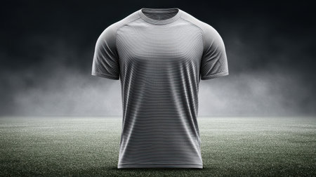 Sportswear apparel mockup displaying a moisture-wicking t-shirt with breathable mesh panels in an athletic setting.の素材