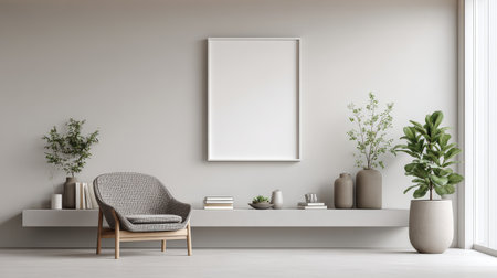 Modern corporate office with a blank art print mockup centered on a light-colored wall above minimalist shelvingの素材