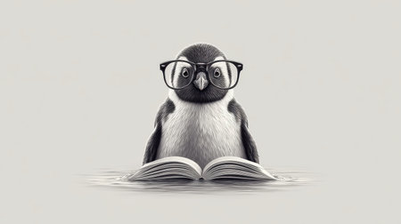 Penguin wearing over-sized glasses reading a book upside down with a confused face and minimal arctic backdropの素材