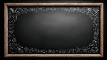 Simple chalkboard design with school doodles and a clean space in the center for text or titleの素材