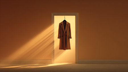Vintage coat silhouette hanging by a door with sun rays streaming in, evoking nostalgic warmth.の素材