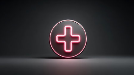 Neon lens logo glowing on a dark background, perfect for night photography or digital art studiosの素材