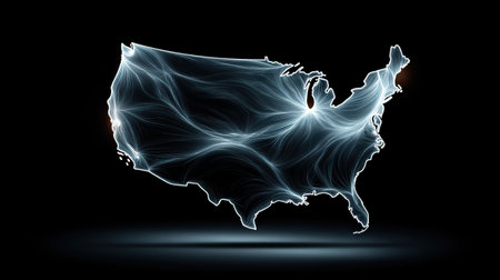Technology-themed map of the United States with electric blue energy lines connecting pointsの素材