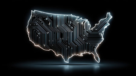 Abstract blue US map with circuits and glowing lines showing national tech connectivityの素材