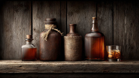 Vintage bar scene with old-fashioned liquor bottles and aged wood textures, nostalgic and cozy vibe.の素材