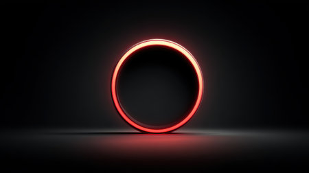 Neon lens logo glowing on a dark background, perfect for night photography or digital art studiosの素材