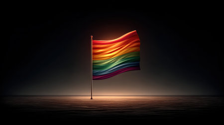 Rainbow pride flag illuminated at night with colorful lights, creating a glowing symbol of love and visibilityの素材