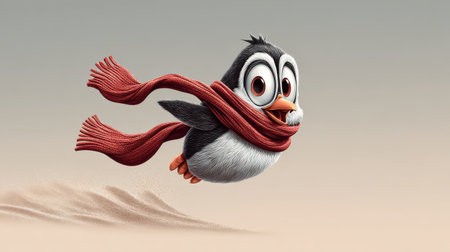 Wacky penguin sliding down a hill face-first with eyes wide and scarf trailing in the windの素材