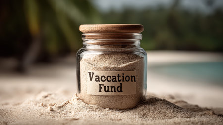 Glass jar labeled 'Vacation Fund' sitting on sand with a tropical background, saving for travel goalsの素材