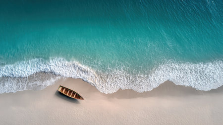 Overhead image of a serene beach with gentle waves and a single boat anchored close to shoreの素材