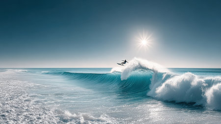 Surfer jumping off a wave with spray flying, framed by clear blue sky and sparkling oceanの素材
