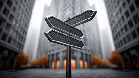 Street signpost with multiple directional signs in a busy city intersectionの素材