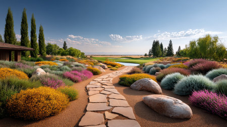 Wide-angle view of a landscaped garden filled with seasonal flowers and winding stone pathways under a bright blue skyの素材