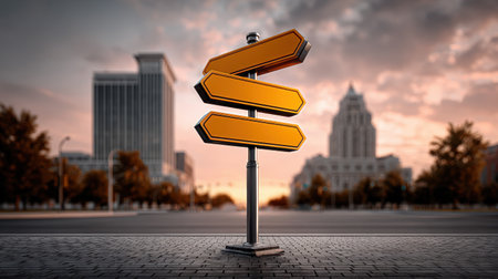 Street signpost with multiple directional signs in a busy city intersectionの素材
