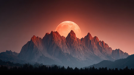 Silhouette of rugged mountain range with a glowing full moon rising behind the peaksの素材
