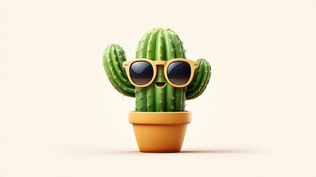 Cartoon cactus clipart with smiling face and sunglasses, perfect for summer and tropical-themed designsの素材