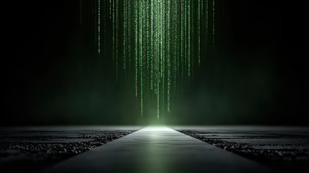 Digital landscape of green code raining down like Matrix style, sci-fi tech background with depthの素材