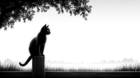 Black cat silhouette vector sitting on a fence with tail hanging down, peaceful and charming sceneの素材