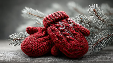 Festive red mittens resting on fresh snow with pine tree branches in the blurred background.の素材