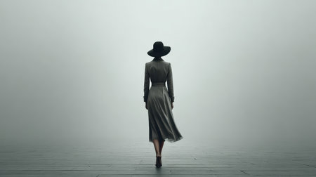 Silhouette of a stylish woman in a trench coat walking confidently through a foggy urban environment.の素材