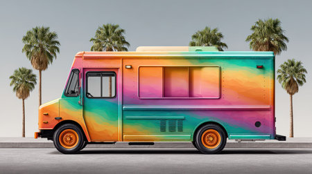 Food truck mockup with vibrant colorful wrap design, shown from a side angle on a sunny streetの素材