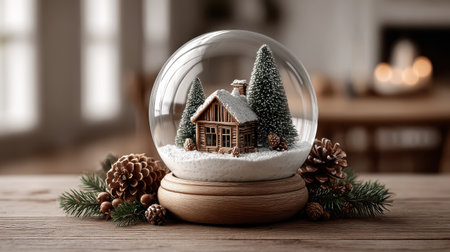 Snow globe with a Christmas scene inside, placed on a table surrounded by festive decor on Christmas Eveの素材