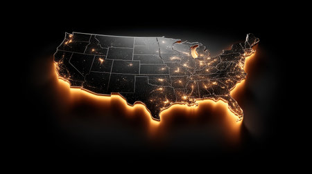 US map with glowing city points and a dark background, highlighting urban centers and metropolitan areasの素材