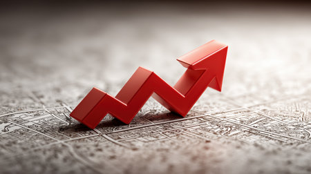 Recession arrow crossing through small businesses on a street map, symbolizing local economic impactの素材