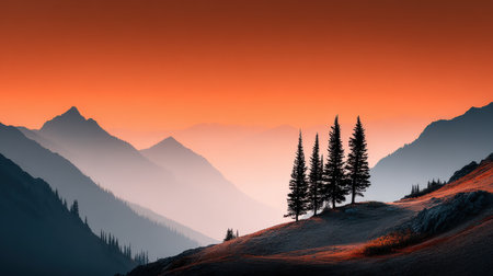 Silhouetted mountain ridges with pine trees outlined against a bright orange dawn skyの素材