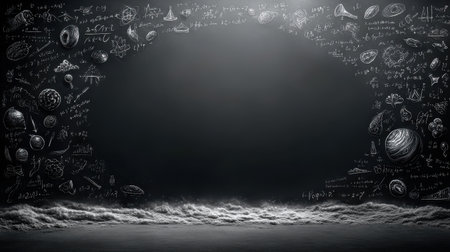 White chalk doodles of math, science, and art subjects scattered across a dusty blackboardの素材