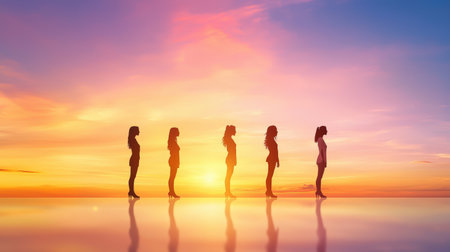 create 5 prompts for stock photos related to A collection of woman silhouette standing with 100-250 characters and ending withの素材