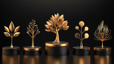 Elegant collection of tree silhouette logos on a reflective podium, artistic symmetry in designの素材
