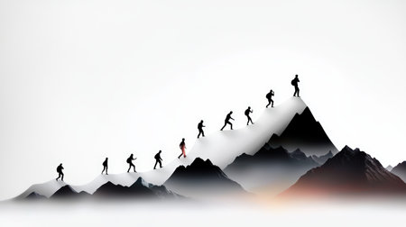 Silhouettes of people atop grouped mountain silhouettes, varied poses symbolize achievement and adventureの素材