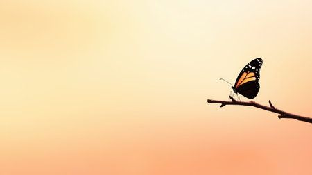 Monarch butterfly silhouette resting on a branch, captured in a minimalistic, side-profile composition.の素材