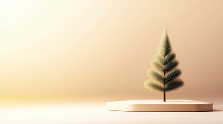 Minimalist evergreen tree silhouette with a geometric podium, clean lines and a subtle gradient backgroundの素材