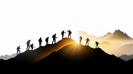 Silhouettes of people atop grouped mountain silhouettes, varied poses symbolize achievement and adventureの素材
